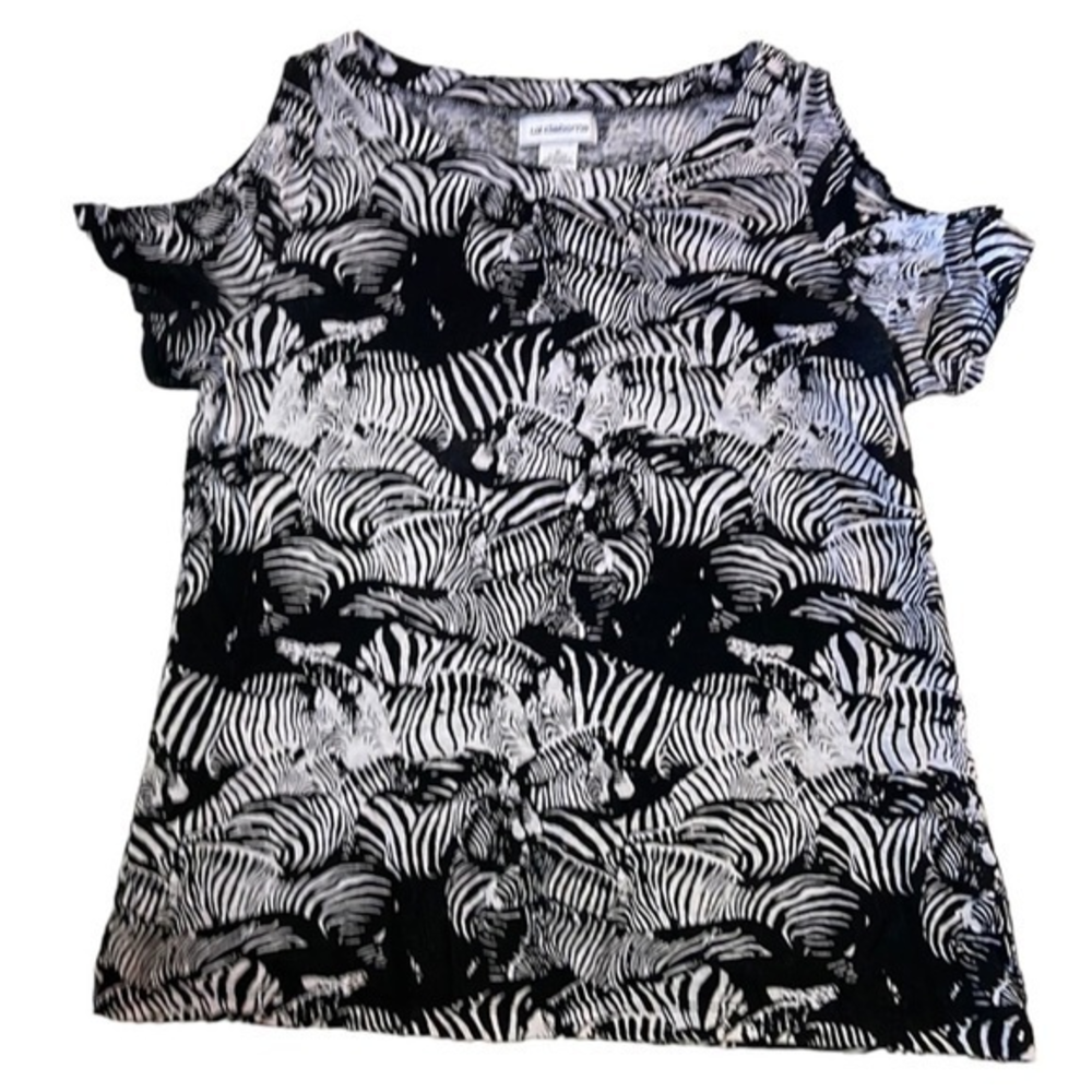 M Liz Claiborne Zebra All Over Print Cold Shoulder Short‎ Sleeve Linen Shirt